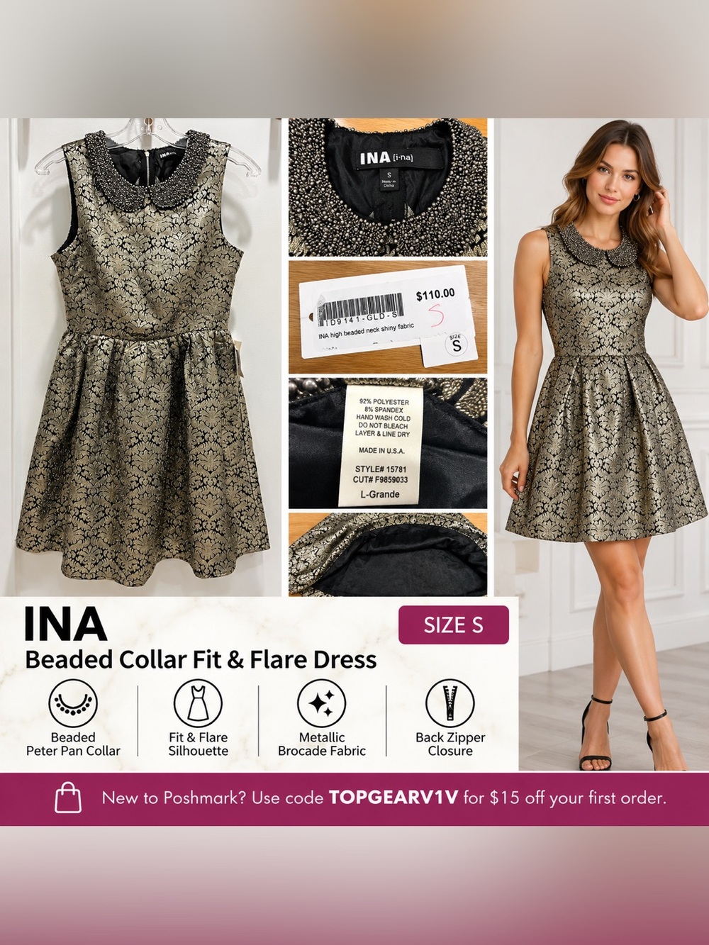 Ina Gold and Black Jacquard Party Dress with Beaded Peter Pan Collar